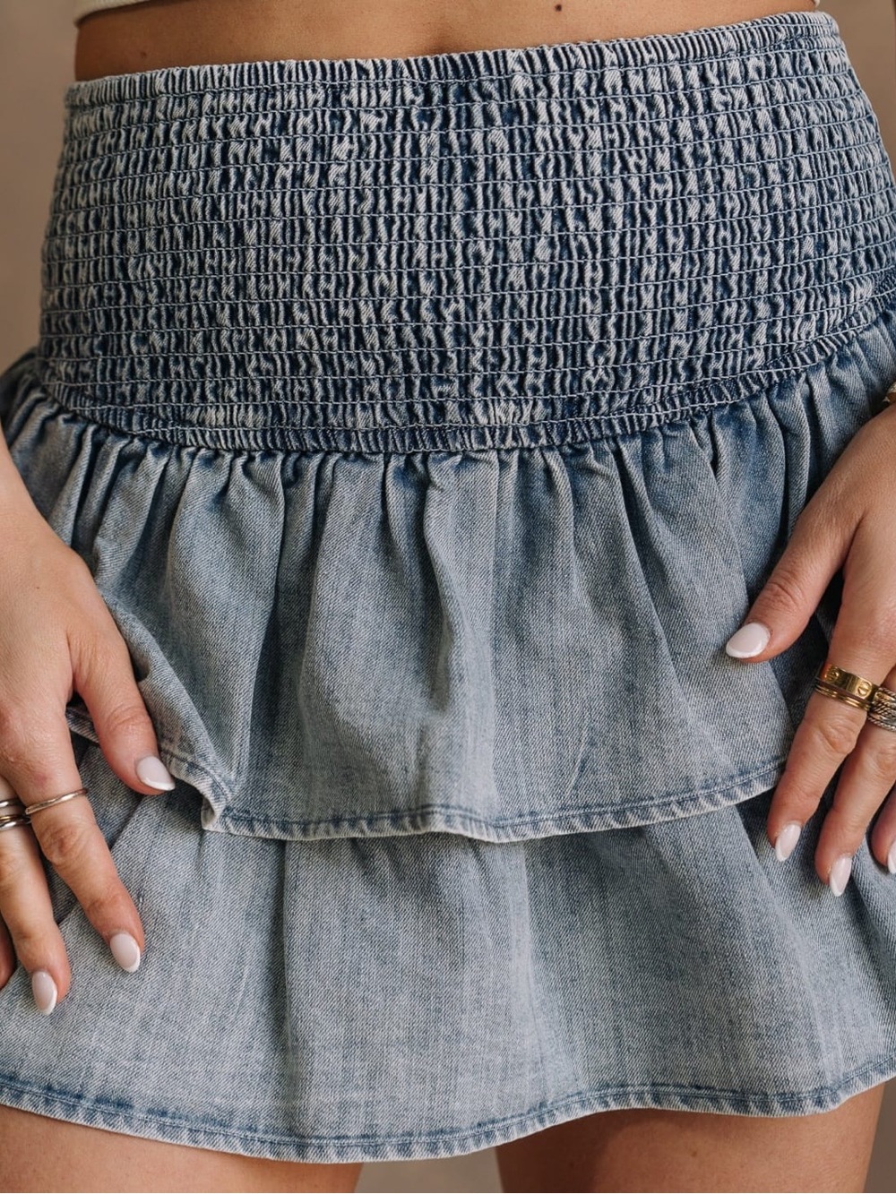 Bella Dahl Light Blue Smocked Tiered Denim Mini Skirt